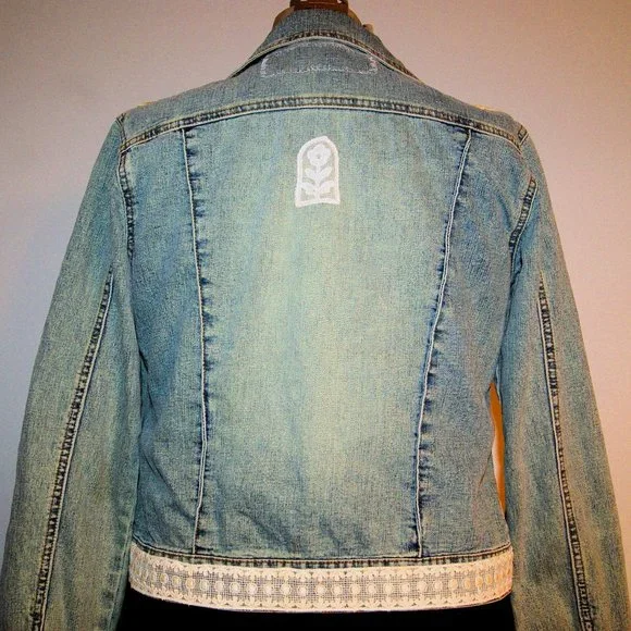 Denim Jean Jacket Upcycled Vintage Distressed Military Style - Picture 5 of 9